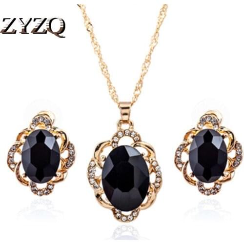 ZYZQ Classic Geometric Vintage Jewelry Sets For Women With Oval Shaped Stone Setting Cute Stud Earrings&Necklace Jewel Wholesale