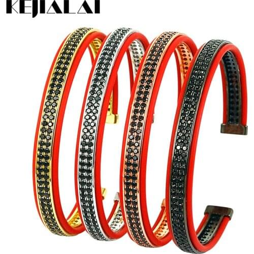 Anil Arjandas Men Bracelet Red Leather Bangle with Double Lines Black Zircon High Quality Jewelry for Women Adjustable Open Cuff