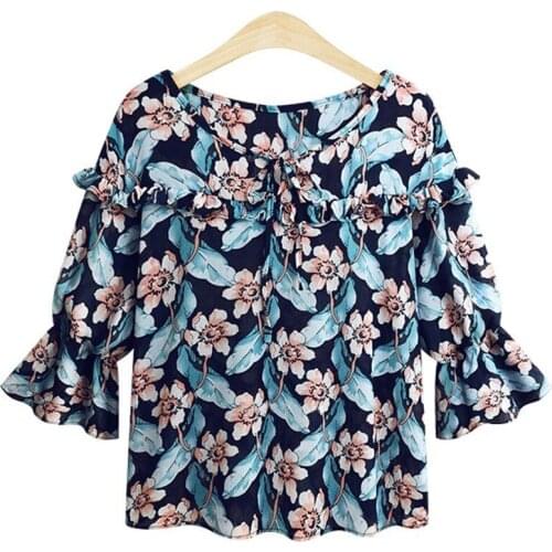 Bohemian Chiffon Women Floral Printed Blouses Top Ruffles Beach Holiday Spring Shirts Ladies Bow Lace Up Bufferfly Sleeve Blouse