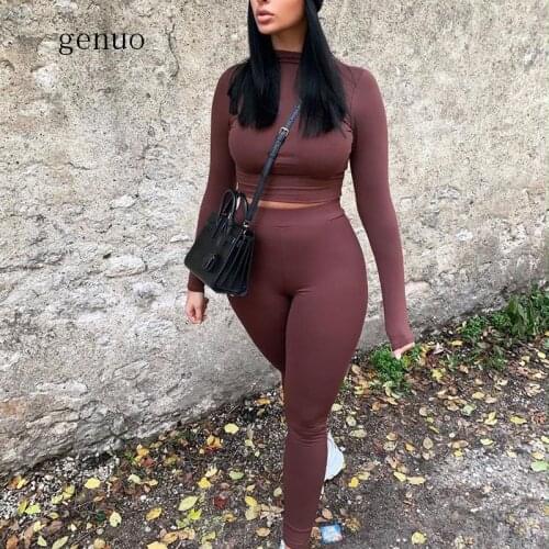 Elastic Fitness 2 Pieces Set Women Solid Long Sleeve Turtleneck Crop Top Leggings Two Piece Set sweatsuit Matching Sets