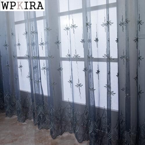 Europe Gradient Grey EmbroideryVoile Curtain for Living Room Lace Bottom Blue Sheer Voile Drape Kitchen Bay Window S401#E
