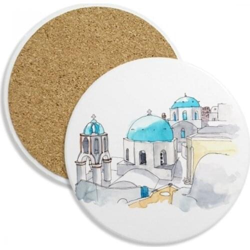 Imerovigli Village in Santorini Greece Ceramic Coaster Cup Mug Holder Absorbent Stone for Drinks 2pcs Gift