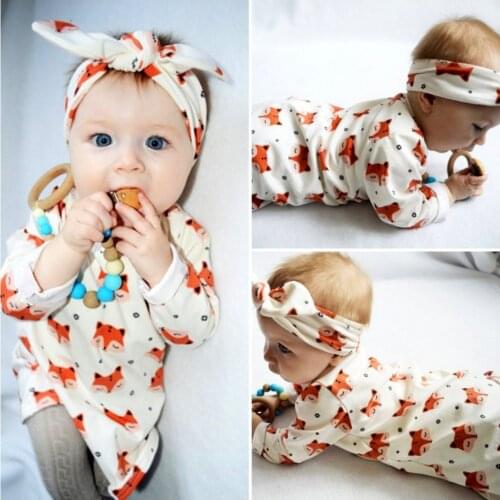 2pc Set Baby Girl Dress Fox Print Body Suit Toddler Infant A-Line Bebe Clothes Newborn Children Headband Cute Hair Accessories