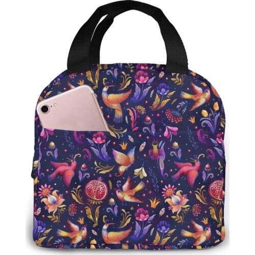 Pomegranate Birds Flowers Cooler Lunch Box Portable Insulated Lunch Bag Thermal Food Picnic Lunch Bags
