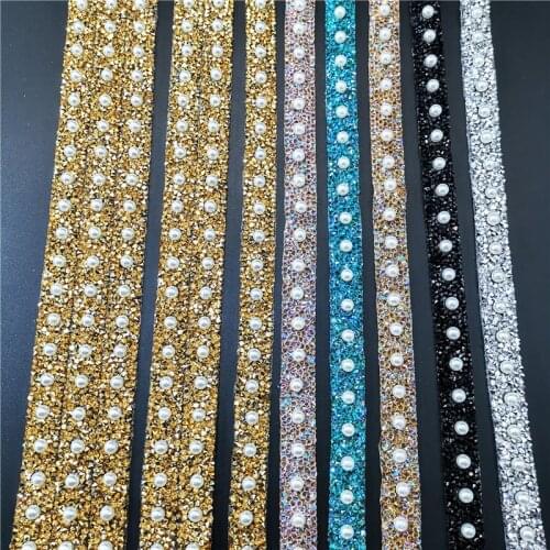 40cm Length Pearl Beaded Hotfix Rhinestones Lace Trim Ribbon Handmade DIY Sewing Supplies Craft Decoration Fabric
