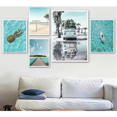 Summer Beach Surfing Ocean Landscape Art Print Canvas Painting Coconut Tree Pineapple Modern Posters Living Room Decoration