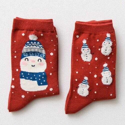 2 Pair/lot Lovely Fashion Snowman Long-staple Cotton Socks For Women Red Sock Creative Cute Girls Soft Winter Autumn Mieas 10719