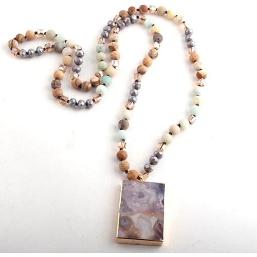 MOODPC Fashion Bohemian Tribal Jewelry Natural Stone Long Knotted Rectangle Ag Stone Pendant Necklaces For Women Beads Necklace