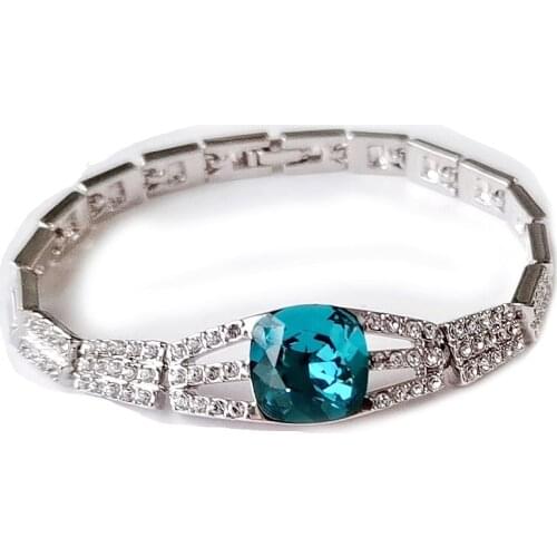 MOONROCY Rigant Austrian Blue Crystal Bracelet Silver Color Geometry Wholesale Jewelry Girls for women Bangle Gift Dropshipping