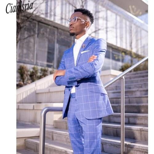Smart Blue Check Mens Customized Wedding Tuxedos Two Button Groom Wear Dinner Prom Party Blazer (Jacket+ Pants)