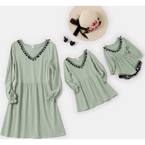 Autumn Family Matching Outfits Solid Color Long Sleeve Dress for Mommy and Me Clothes Cotton Mother and Daughter Clothes