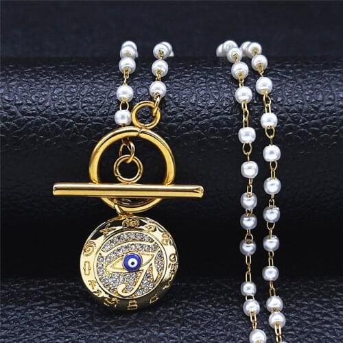 2021 Islam Egyptian Alphabet Eyes Stainless Steel Imitation Pearls Necklaces Chain Necklaces Women Jewelry cadena NXS02