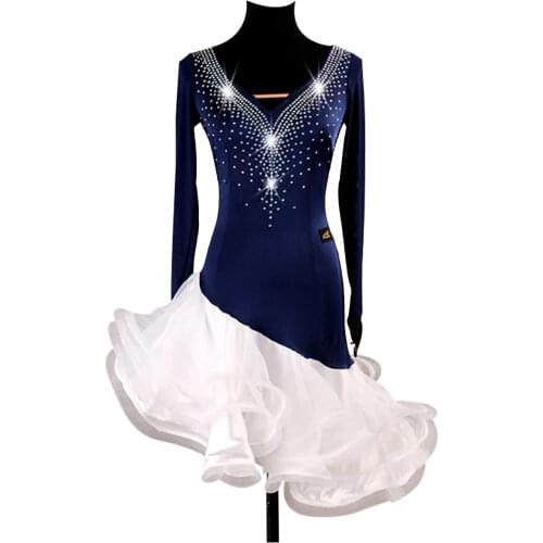 Latin Dance Dresses Womens Performance Spandex / Tulle Crystals / Rhinestones Long Sleeve Ruffle High Dress