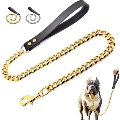 90cm Durable Dog Chain Leash Soft Leather Handle Dogs Chrome Rope Heavy Duty Bulldog Pitbull Dog Chain Lead for Training Walking