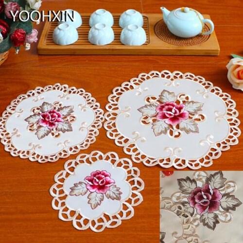 Luxury satin place table mat cloth lace pad embroidery cup mug drink doily tea round coaster wedding Christmas placemat kitchen