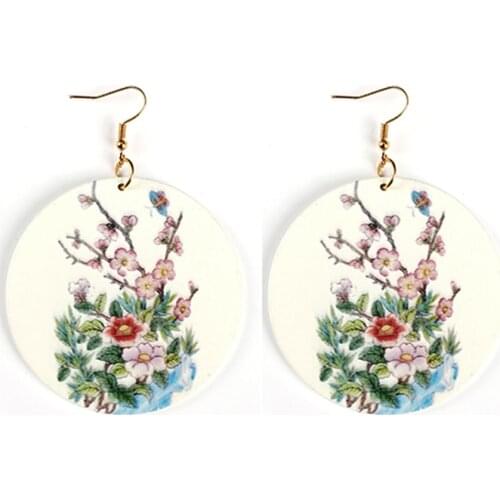 YULUCH Trendy Round Wood Earrings Printed Printing Natural Style Flower Fruit Life Tree Pendant Earrings For Women Female Party