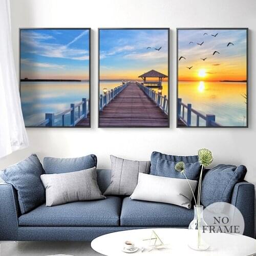 Nordic Ocean Wooden Bridge Landscape Sunrise Canvas Painting Art Wall Pictures For Living Room HD Posters And Prints Decoration
