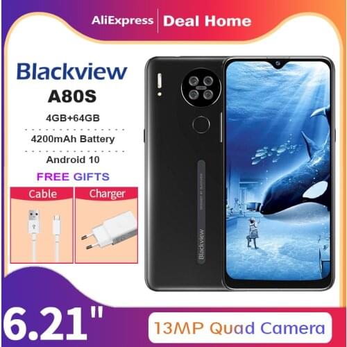 Blackview A80s Android 10 Smartphone 4GB RAM+64GB ROM Octa Core 13MP Rear Camera 4200mAh Face Fingerprint Unlock 4G Mobile Phone