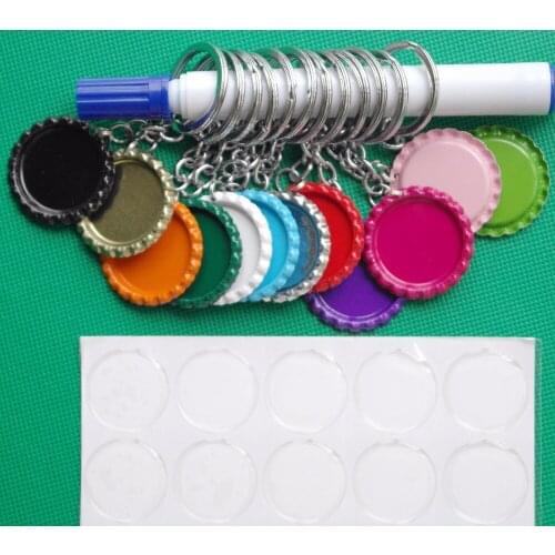 Mixed 12 Colors 120pcs Flattened Colored Beer Bottle Caps &120pcs Keychain+120pcs 1'' Clear Round Epoxy For DIY Jewelry Crafts