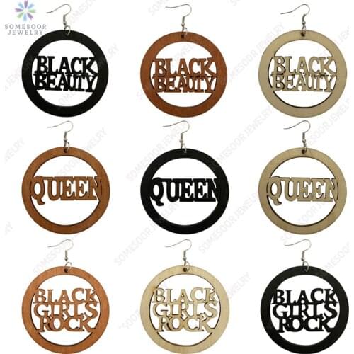 SOMESOOR Black Beauty Girl Rock African Queen Wooden Drop Earrings Engraved Inspired Words Loops Dangle For Women Christmas Gift