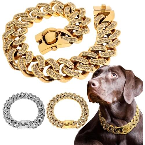 Super Strong Stainless Steel Dog Chian Collar Pet Slip Choke Collar Rhinestone Dog Slip Collars for Medium Large Dogs Pitbull