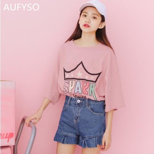 T-shirt Women 2019 Summer Korean Style Crown Letters Printed Tops Casual Drop Shoulder Flare Sleeve T-shirt Pink White T91