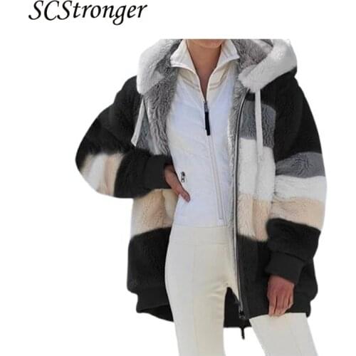 SCSTRONGER Autumn And Winter Plus Size New Fashion V Neck Loose Plush Multicolor Hooded Jacket Female Casaco Feminino 2021
