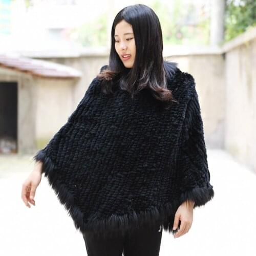 CX-B-116 Knitted European Hooded Genuine Rabbit Fur Knit Winter Poncho Shawl