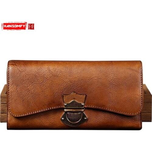 Womens Handmade Wallet Female Genuine Leather Card Holder Long Wallet Ladies Retro Zipper Clutch Bag Coin Purses Buckle Wallets