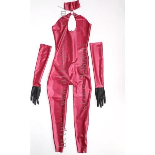 Metallic rose latex catsuit womens sleeveless Fetish latex tight bodysuit attached back zip and with long finger gloves