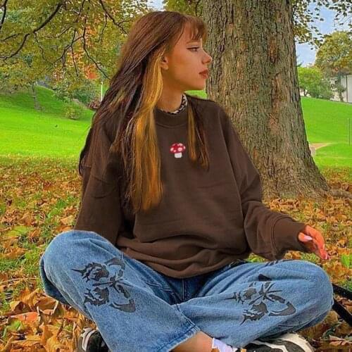 Womens Y2K Aesthetics Mushroom Embroidery Sweatshirts Long Sleeve Loose Oversized Pullover Top Vintage 90s Fashion Streetwear