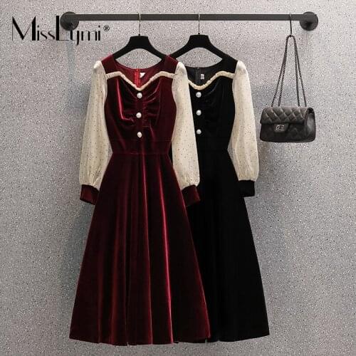 L-4XL Large Size Women Elegant Velvet Dress Autumn 2021 Vintage Square Collar Mesh Patchwork Long Sleeve High Waist A-line Dress
