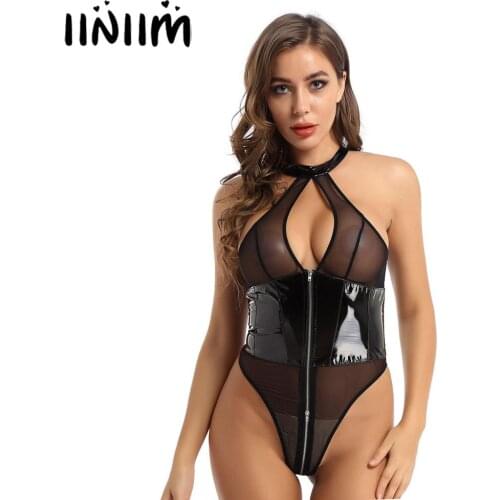 Womens Wet Look Exotic Lingerie Bodysuit Leather Mesh Splice Lingerie Breast Hollow Out High Cut Zippered Leotard Bodystocking