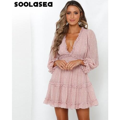 Soolasea New Holiday Ruffles Deep V-neck Floral Print A-line Women Dress Long Sleeve High Waist Female Backless Dress Vestidos