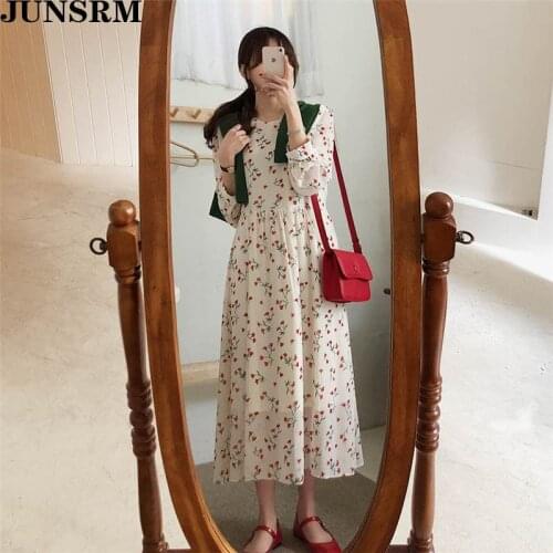 Korean Chic Floral Women Dress 2020 Summer New Long Sleeve O-Neck Slim Waist A-Line Dress Elegant Kawaii Chiffon Dress Vestidos