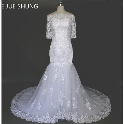 E JUE SHUNG White Vintage Lace Appliques Off The Shoulder Mermaid Wedding Dresses 2018 Half Sleeves Long Train Wedding Gowns