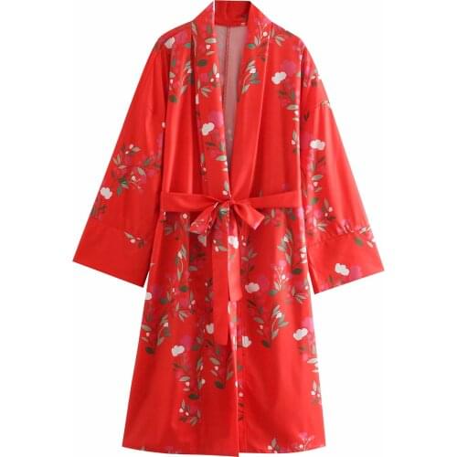 New Summer Floral Printed Dress Women Belted Long Sleeves Vintage Casual Vogue Chic Lady Kimono Maxi dress Women