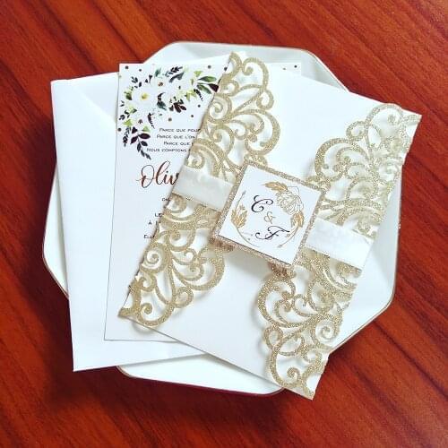 50X Champage Wedding Party Cards with Tag DIY Glittery Laser Cut Invitations For Anniversary Bridal Shower Customized Printing