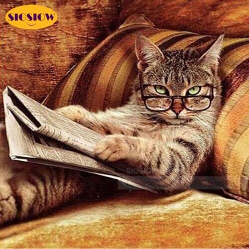 5D DIY Diamond Painting Cat Reading Book Animal Full Square Round Drill 3d Daimond Mosaic Embroidery Decoration Home Room Gifts