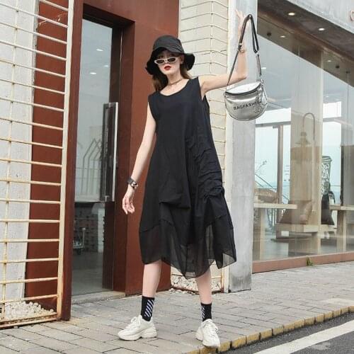 2020 Spring Summer New REtro Ethnic Style Solid Color Asymmetrical Sleeveless o-neck Patchwork Draped Dress