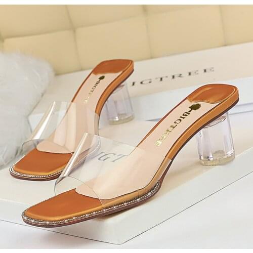 Designer Women Clear Transparent Heels Crystal Slides Female Open Toe Muller Sandals 5cm Block High Heels Slippers Bride Shoes