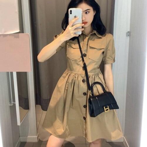 Elegant Khaki Cotton Shirt Dress Women Spring 2021 High Fashion Solid Color Short Sleeve Bodycon Mini Dresses OL Vestidos