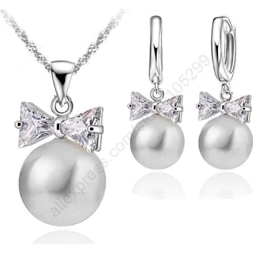 Hot Sell Earrings Necklace Crystal Pearl Jewelry Set 925 Sterling Silver Pearl Crystal Bow Tie Hoop Earrings Necklace Set