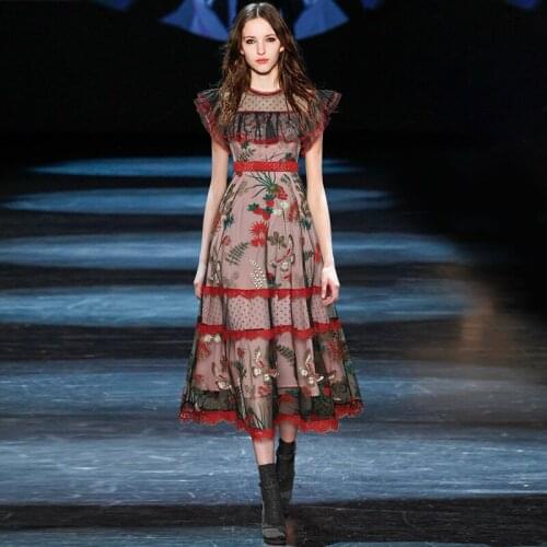Quality Runway Embroidery Flower Lace Dress Women Summer Autumn Ruffles Dresses Long Dot Butterfly Floral Strawberry Dress Party