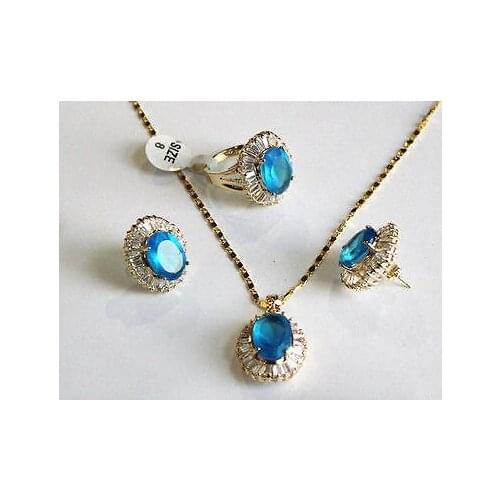10-14mm blue zircon beads 18KGP earring ring pendant set18K gold plated watch wholesale Quartz stone CZ crystal Jewelry set