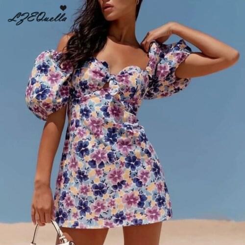 LZEQuella Floral Print Mini A Line Dress Women Summer Short Puff Sleeve Dresses High Waist Ruffles Vestidos For Women NZ3699