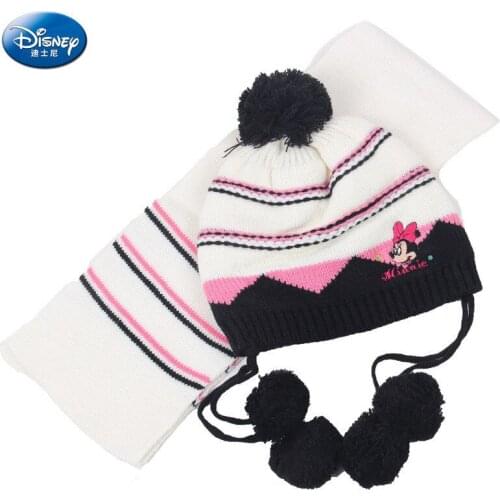 Disney winter fashion cartoon Minnie scarf hat two-piece simple and comfortable knitted warm scarf girl baby windproof