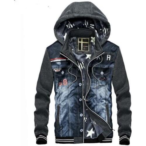 New Mens Casual Denim Jeans Thick Hooded Thicken Coat Patchwork Hip Hop Outwear Bomber Top Fleece Liner Slim Fit 2021