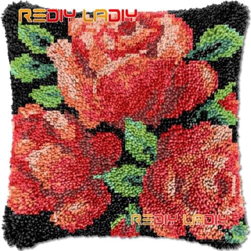 Latch Hook Cushion Red Flowers DIY Needlepoint Kits Chunky Acrylic Yarn Arts Crocheting Lofty Pillow Case Hobby & Crafts