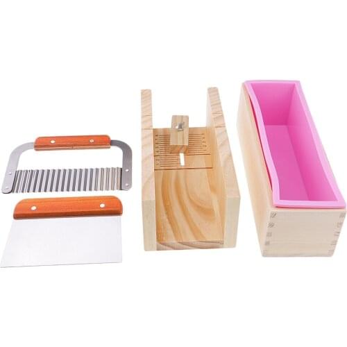 Silicone soap molds kit Flexible Rectangular Loaf Comes with Wood Box,Stainless Steel Wavy Straight Scraper